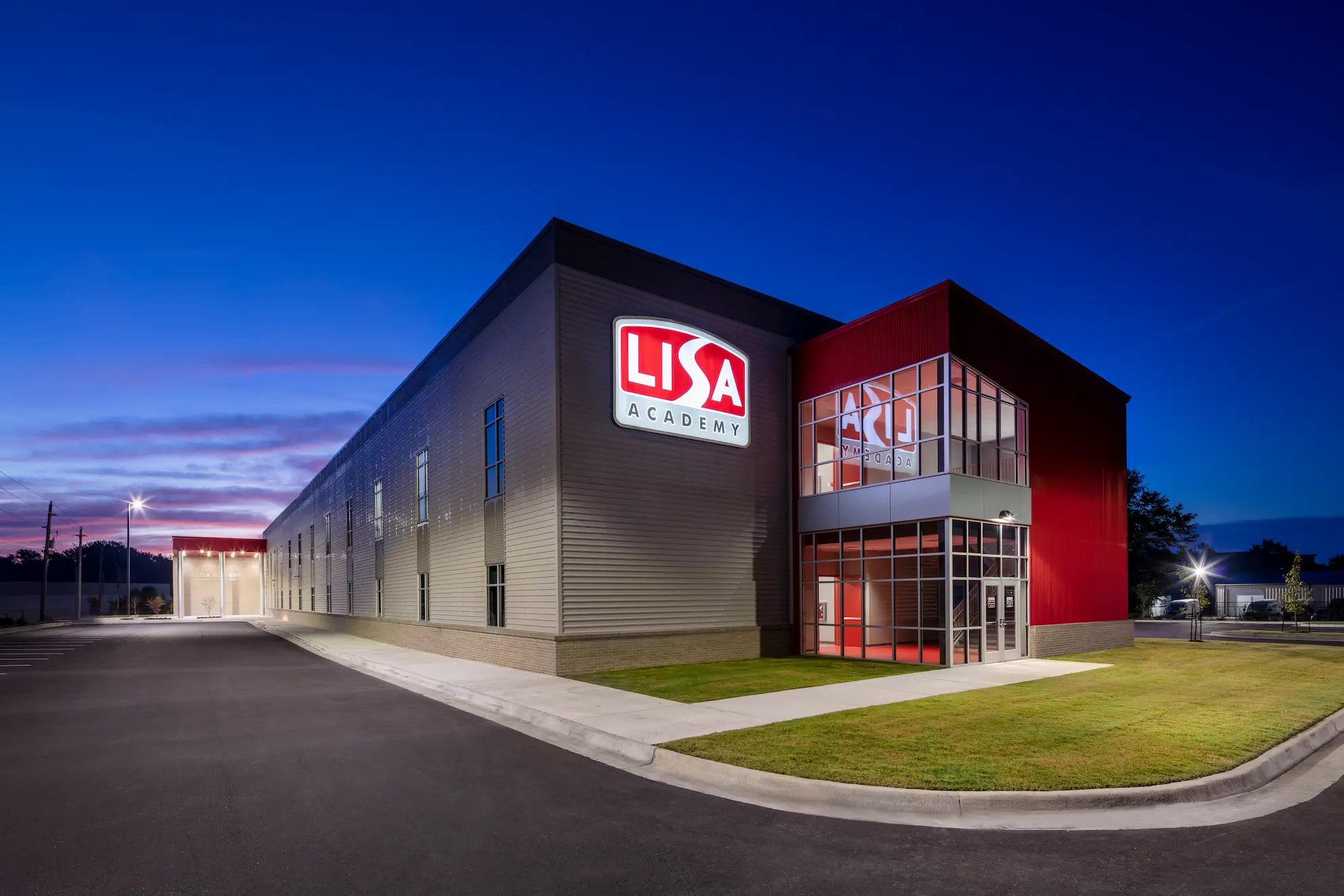 LISA Academy campus at dusk